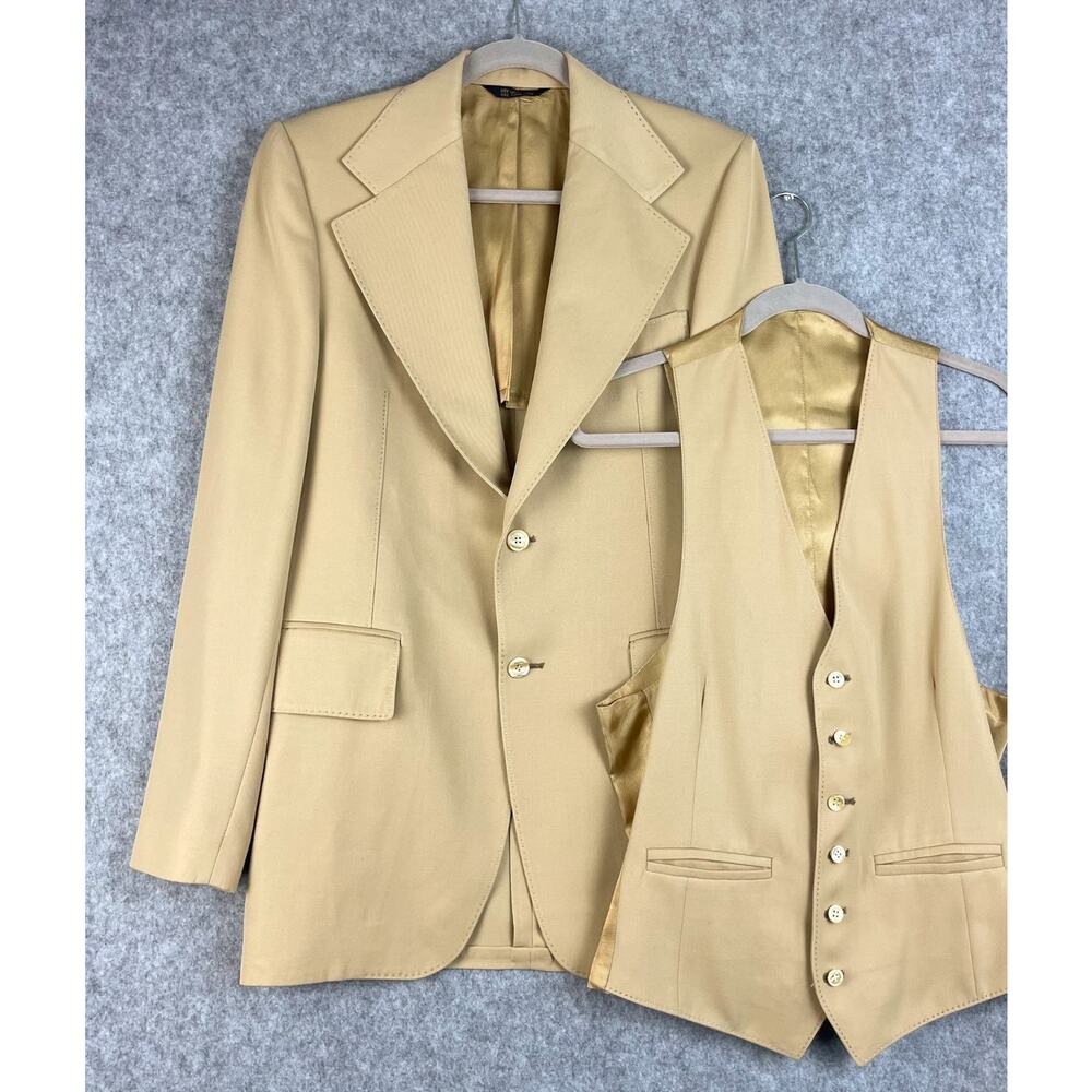 Vintage Nino Cerruti 2pc Blazer Vest Mens 38L Beige Wide‎ Collar 60s 70s Disco